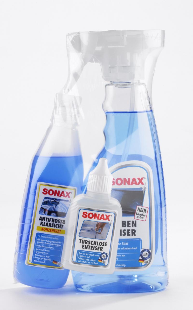 SONAX WinterFitSet (3-teilig) gegen Eis, Frost & schlechte Sicht,  Scheibenenteiser (500 ml), Schlossenteiser (50 ml) & AntiFrost&KlarSicht  Konzentrat (250 ml), Art-Nr. 03319000